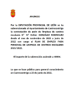 SUBVENCION DIPUTACION PROVINCIAL DE LEON PARA CONTRATACION PERSONAL DE LIMPIEZA CENTROS ESCOLARES 2021/2022